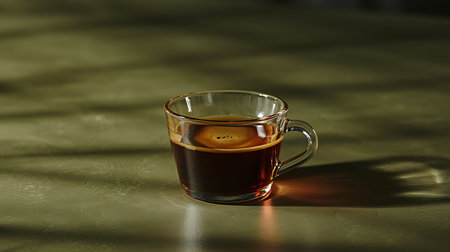 Freshly brewed espresso in clear glass cup, natural light shadowsの素材