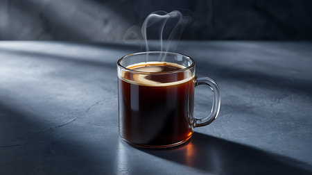 Hot black coffee in a clear glass mug with steam on dark surface.の素材