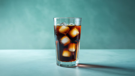 Iced refreshing cola drink in a tall glass on a teal backgroundの素材