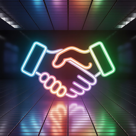 Neon glowing handshake symbol representing business agreementの素材