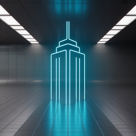 Abstract neon skyscraper outline in a modern dark room settingの素材