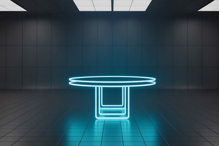 Futuristic glowing neon blue display table in dark sci-fi roomの素材