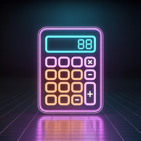 Neon glowing digital calculator for precise financial accounting.の素材