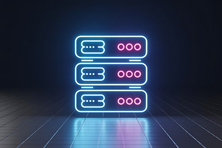 Neon glowing server rack icons symbolize data storage network system.の素材