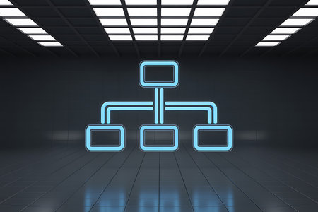 Glowing blue flowchart diagram representing organizational structure.の素材