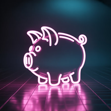 Neon pink piggy bank symbol of digital finance, saving, economyの素材