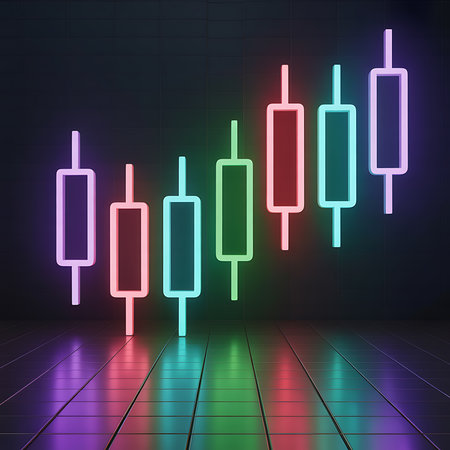 Abstract 3d neon stock market chart showing economic trendsの素材
