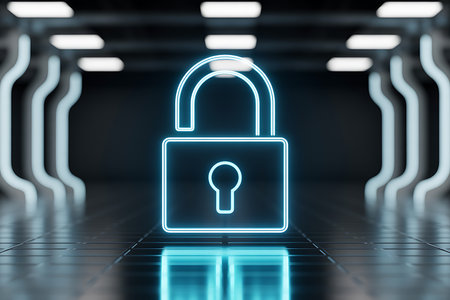 Digital padlock icon glowing neon blue in futuristic corridorの素材