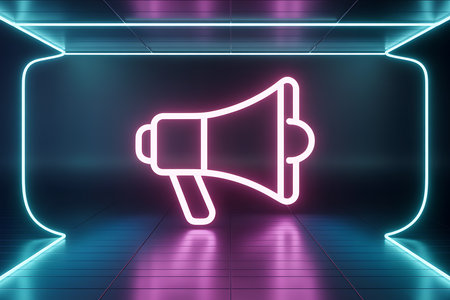 Neon megaphone icon in futuristic digital room for announcementsの素材