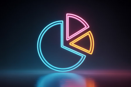 Neon glowing pie chart illustrating data analysis business progressの素材
