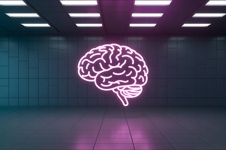Abstract glowing neon brain in futuristic room with reflectionsの素材
