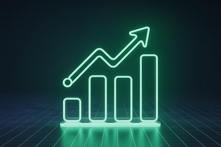 Neon glowing bar graph with upward trend for business growthの素材