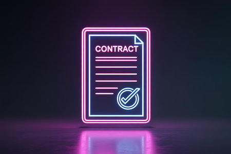 Digital contract agreement neon glowing icon with approval checkの素材