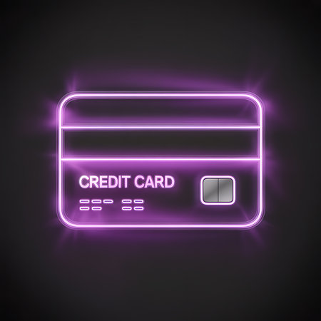 Purple neon glowing credit card symbol for secure digital paymentの素材