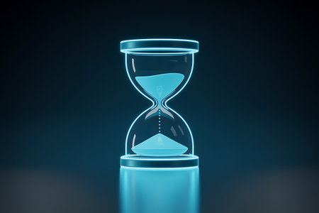 Blue neon glowing hourglass with sand measuring time and deadlineの素材