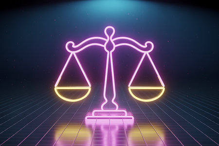 Neon scale of justice glowing in cyber space legal concept artの素材