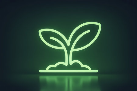 Glowing neon green sprout icon symbolizing growth and nature conceptの素材