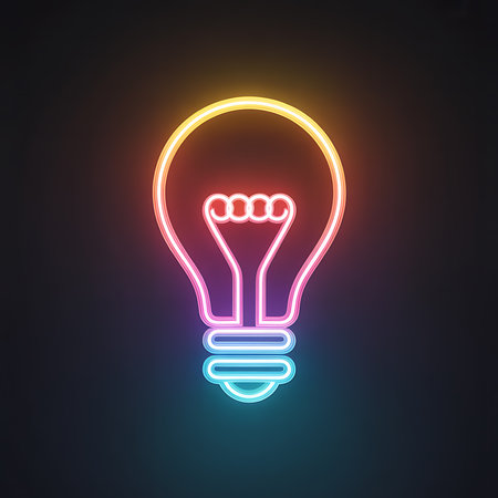 Vibrant neon light bulb icon symbolizing creative idea innovationの素材