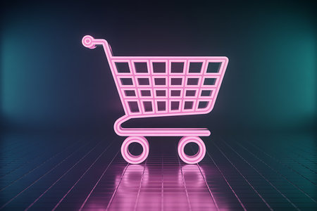 Pink glowing neon shopping cart icon on futuristic grid surfaceの素材