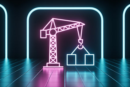 Futuristic construction crane icon lifting containers in neon glowの素材