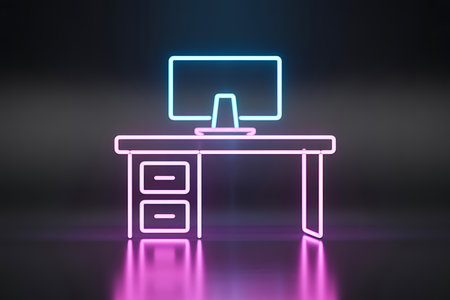 Vibrant neon glowing computer desk with monitor, digital techの素材
