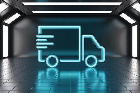 Blue neon glow delivery truck symbol in modern digital spaceの素材