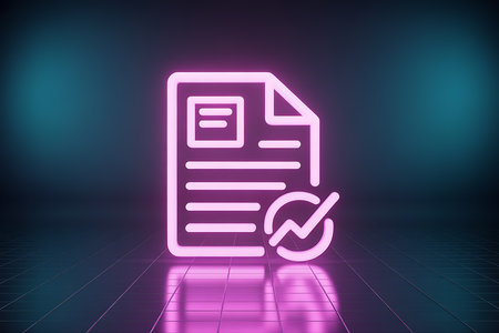 Neon glowing document icon with analytics symbol on dark gridの素材