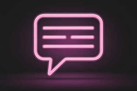 Bright pink neon glow chat bubble symbol for digital messagingの素材