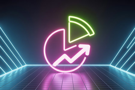 Neon glowing pie chart with upward arrow on futuristic grid floorの素材