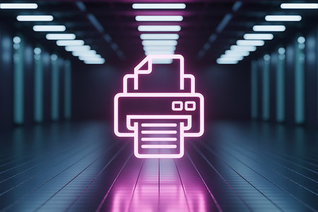Neon pink printer icon in futuristic digital corridor sceneの素材