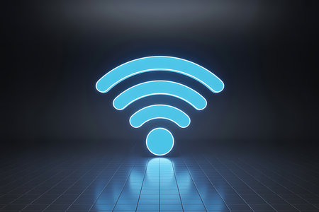 Glowing blue wi-fi symbol representing wireless network technologyの素材