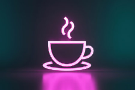 Pink neon glowing coffee cup icon with steam, modern designの素材