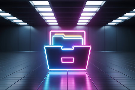 Digital data organization concept with glowing neon folder iconの素材