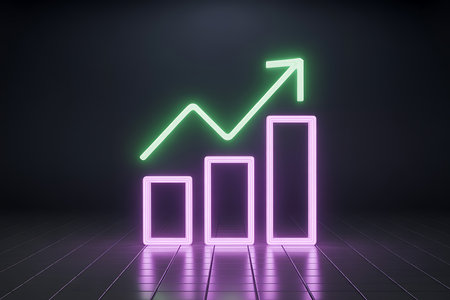 Neon glowing bar chart with upward arrow showing business growthの素材