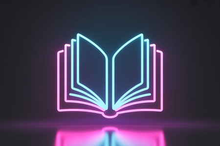 Vibrant neon open book icon symbolizing education and wisdom.の素材