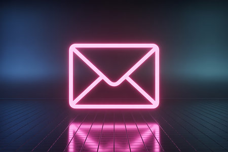 Vibrant pink neon email symbol icon glowing on a digital gridの素材
