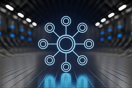 Centralized network hub icon in a futuristic digital data tunnelの素材
