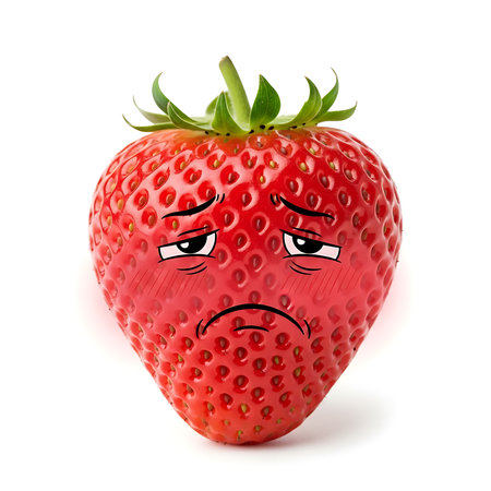 Sad strawberry cartoon character with a face, isolated against a bright white backdrop. Great for expressing emotions or food concepts.の素材