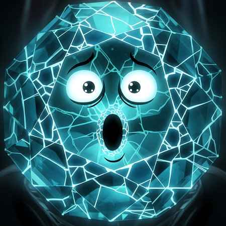 Expressive crystal character with a cracked shell conveys shock. Perfect for unique, modern designs with emotional impact and futuristic themes.の素材