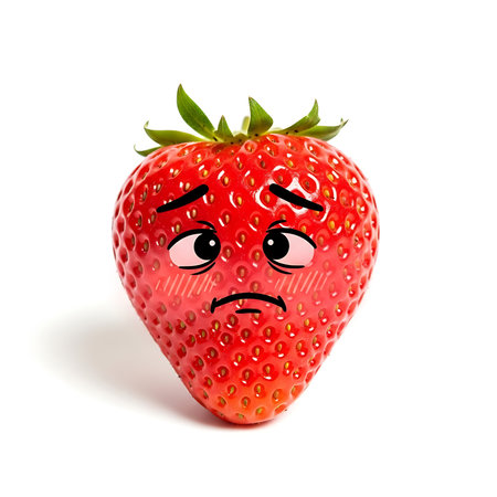 A sad strawberry with cartoon eyes and a frown on a white background. Great for social media, food blogs, and emotional marketing campaigns.の素材