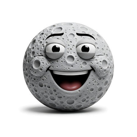 A happy moon cartoon smiles radiantly. Perfect for space exploration, astronomy, kids content, or educational purposes. High quality illustration.の素材