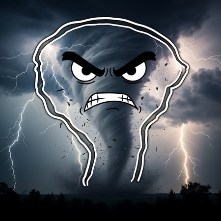 A furious cartoon tornado with lightning strikes. Great for weather reports, creative projects, and dramatic presentations. Captures the raw power of nature.の素材