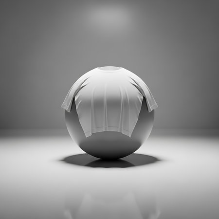 An artistic and minimalist image featuring a clean, white t-shirt draped over a large, smooth sphere. The composition is set within a simple studio environment, characterized by a monochrome color palette of whites, grays, and blacks. A spotlight from above highlights the soft folds and wrinkles of the fabric, contrasting sharply with the smooth surface of the sphere and casting a subtle shadow below. The image focuses on form, texture, and light, creating an abstract and elegant representation of clothing and shape.の素材