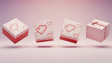 Floating gift boxes with heart patterns perfect for a romantic occasionの素材