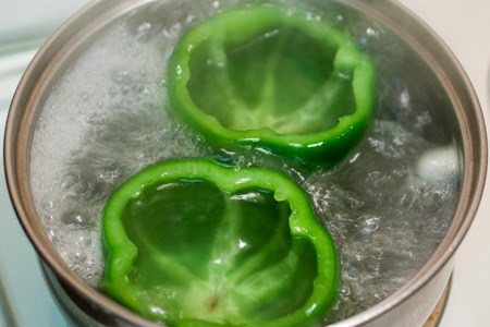 Fresh cut and cleaned bell peppers.の写真素材