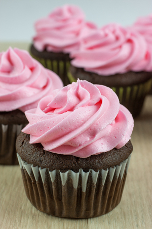 Chocolate flavored cupcakes frosted with pink buttercream frosting.の写真素材