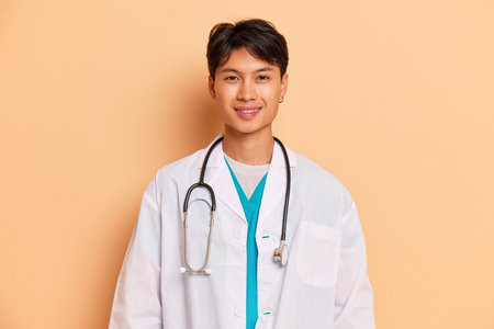Asian young doctor in white coat and stethoscope on his neck poses inside studio and smiles kindly, professional people concept, copy spaceの写真素材