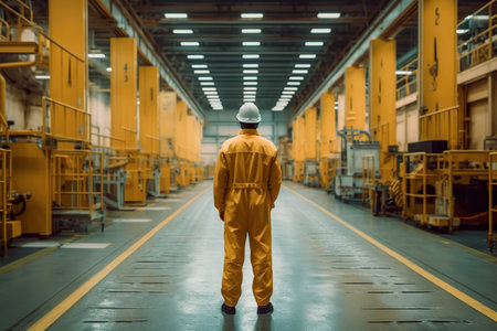 Industrial worker in yellow uniform and hard hat standing in factory.の写真素材