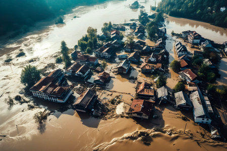 Aerial view of a flooded village in the middle of the riverの素材