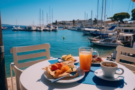 Breakfast on the beach in the village of Rhodes, Greece.